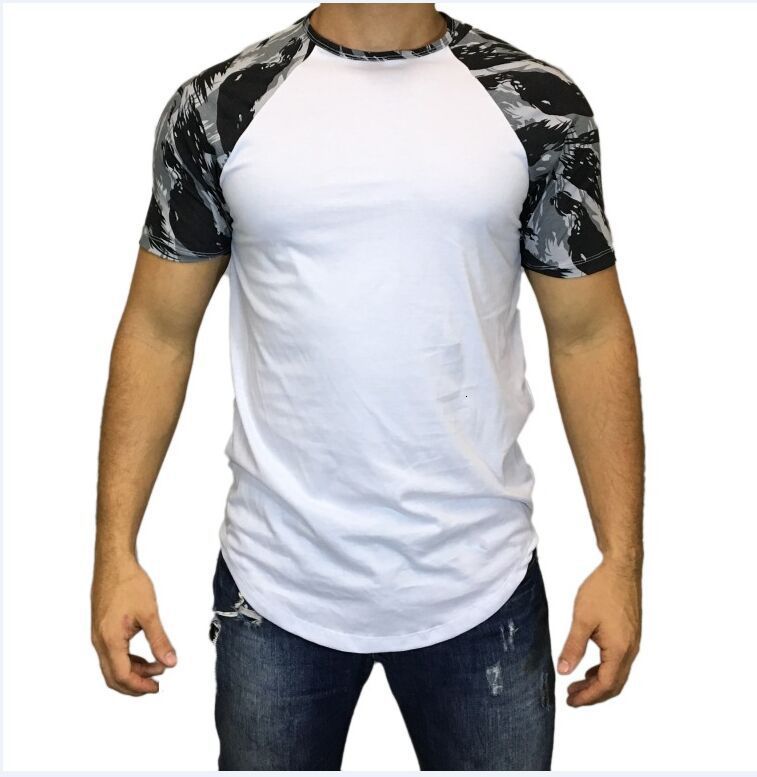

Men's T-Shirts European and American Spring Summer Wear Camouflage Round Neck Short Sleeves Arc Hem Casual T-shirt H 9106 MAND, White