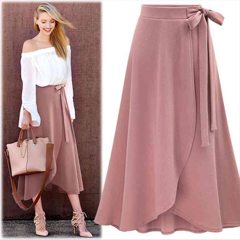 

Summer Fashion Casual Women Skirt High Waist Irregular Bow Tie Slit Europe And America Large Size Long Belt Wholesale, Black