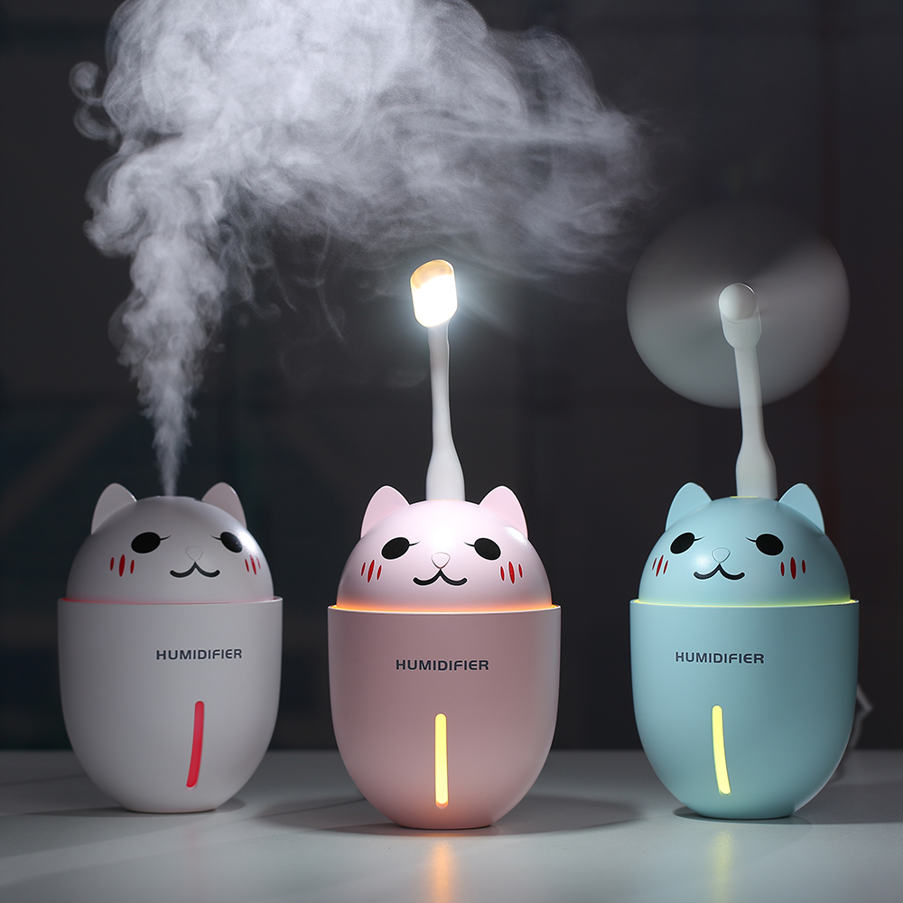

3 in 1 320ML USB Air Humidifier Ultrasonic Cool-Mist Adorable Pet Mini Aroamtherapy Humidifier With LED Light Mini USB Fan