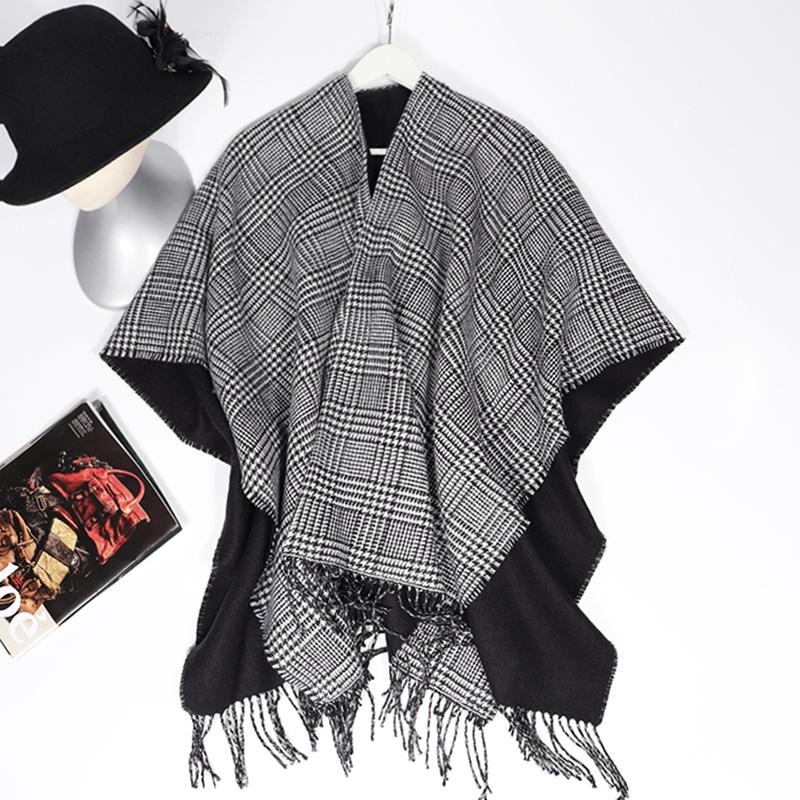 

Scarves Fashion Plaid Women Winter Warm Poncho Wrap Knitted Cashmere Capes Shawl Cardigans Cloak Elegant Double Side Scarf Outerwear