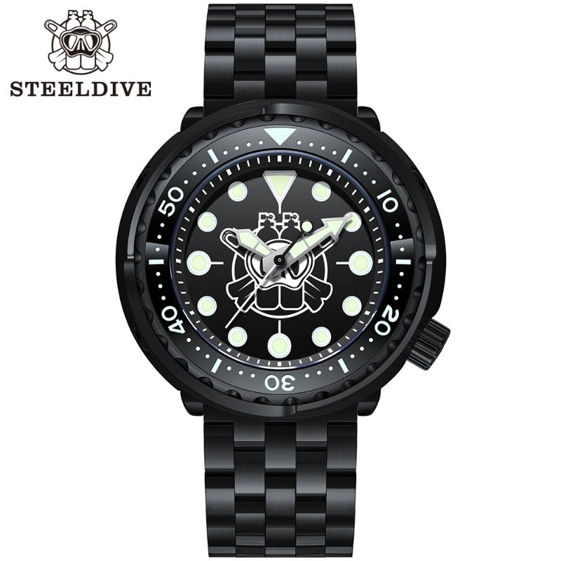 

Wristwatches Steeldive Watch SD1975P PVD Black Case Stainless Steel Mechanical Wristwatch 300M Waterproof Men Dive NH35 Automatic, 75p-rubber
