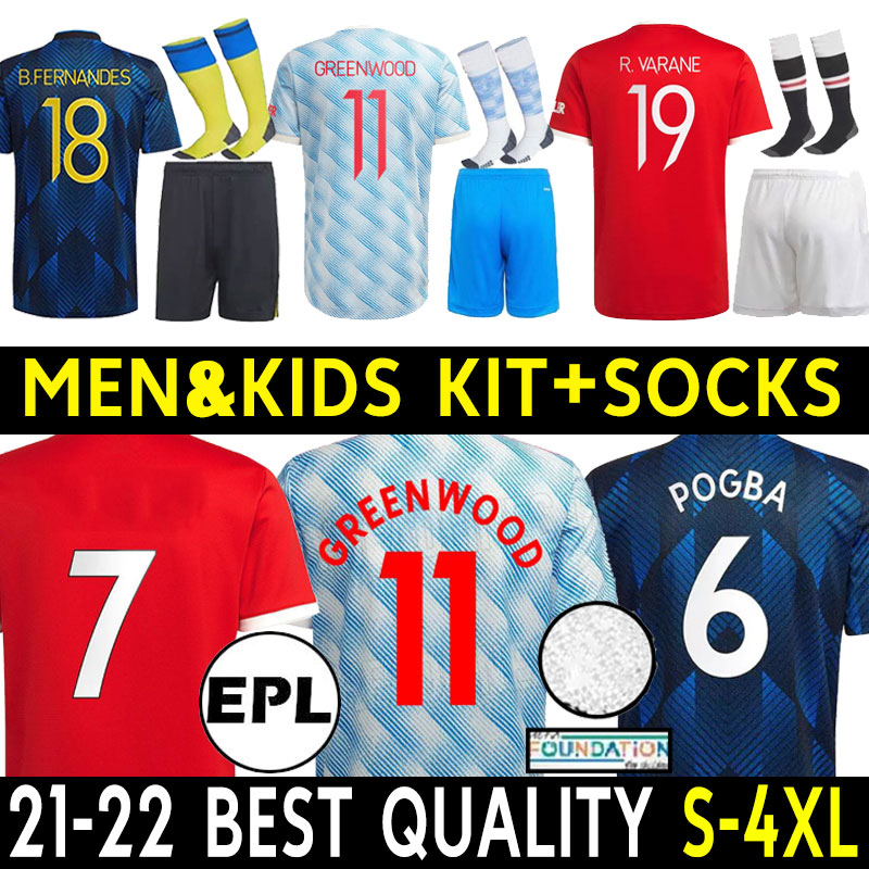 Fans Player version 2022 Hommes Pogba B.Ferrnandes Soccer Jerseys United Rashford Chemise de football 21 22 Homme Kit Kit Kit complet + Chaussett