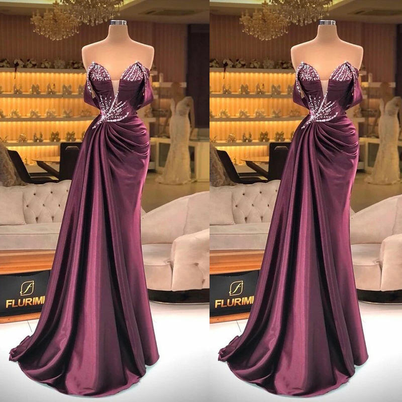 

Dark Burgundy Merrmaid Evening Dress Pleats Beaded Sweetheart Neck Prom Dresses Custom Made Party Gowns, Purple