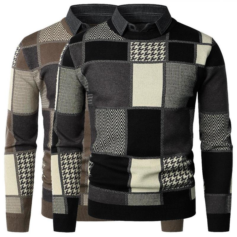 

Men's Unisex Pullover Sweater Knitted Plaid Stylish Casual Long Sleeve Sweater Cardigans Shirt Collar Fall Winter Black Coffee, White;black