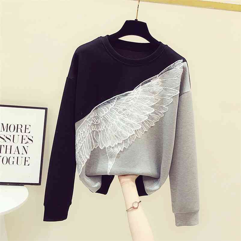

Spring Autumn Woman Casual Long Sleeve O Neck Patchwork Wing T-shirt Women's Tee Tees Students Ladies Tops A4388 210519, Beige