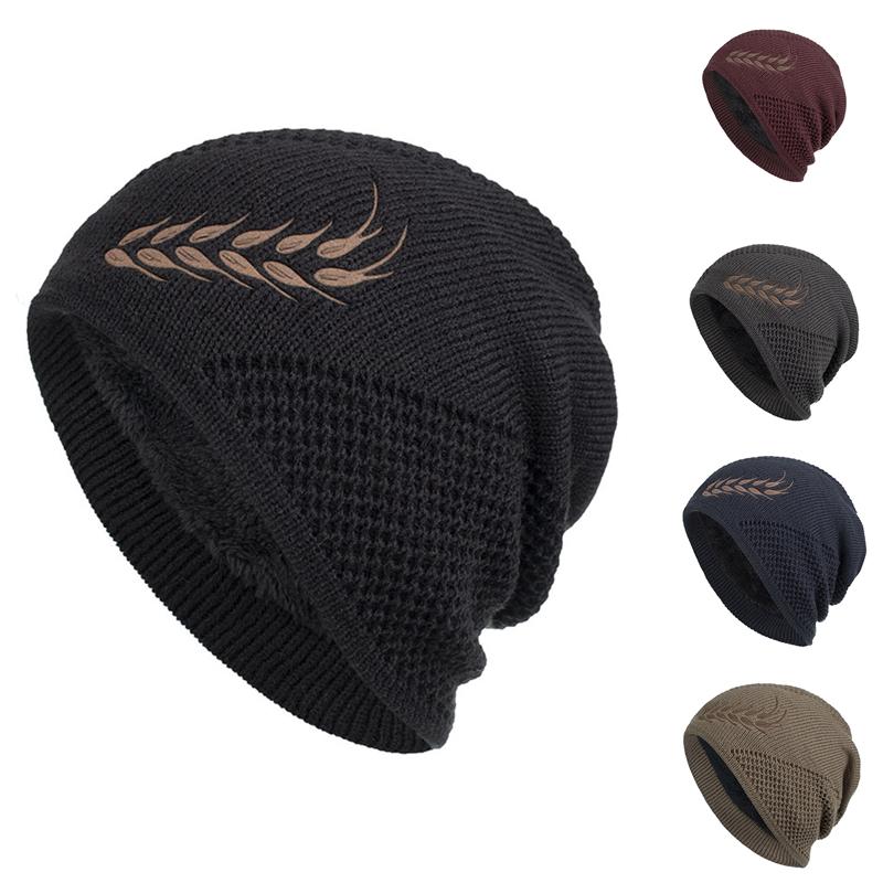 

Berets Winter Beanie Hat Men Plush Windproof Hedging Cap Casual Kintted Warm Wheat Ears Print Male Woolen, Blue;gray