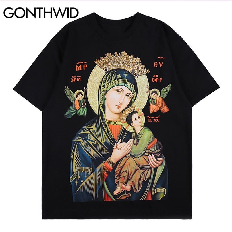 

Tshirts Streetwear Vintage Virgin Mary Painting Print Tees Shirts Hip Hop Summer Harajuku Fashion Casual T-Shirts Tops 210602, Black