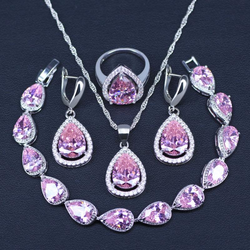 

Earrings & Necklace Promotion Pink Cubic Zircon Water Drop Silver Color Jewelry Set Ring Bracelet, As pic