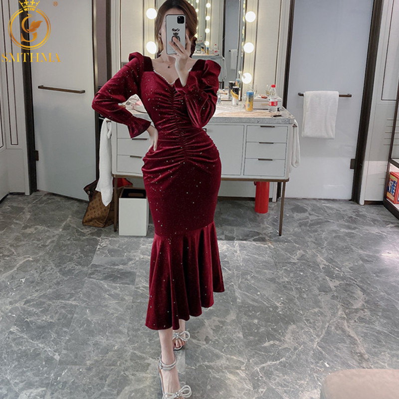 

Women Solid Elegant Velvet Long Trumpet Mermaid Dress Spring Autumn Female Clothing 210520, Photo color