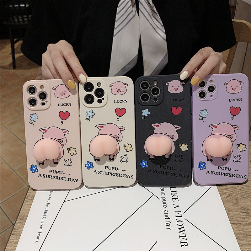 

Happy Cartoon Pink Pig Soft TPU Phone Case for iPhone 12 Pro Max XR 8 Plus Relive Stress Pop Fidget Back Cover