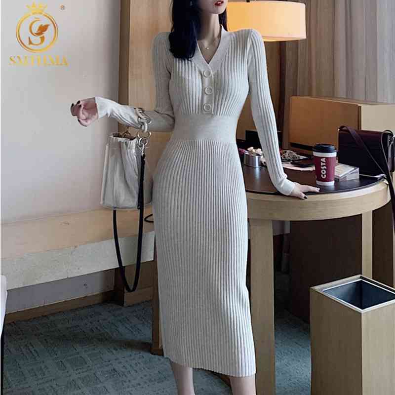 

Autumn Winter Knit Long Dress Women Casual V Neck Slim Bodycon Sweater es Office Lady Korean Style Button 210520, Photo color
