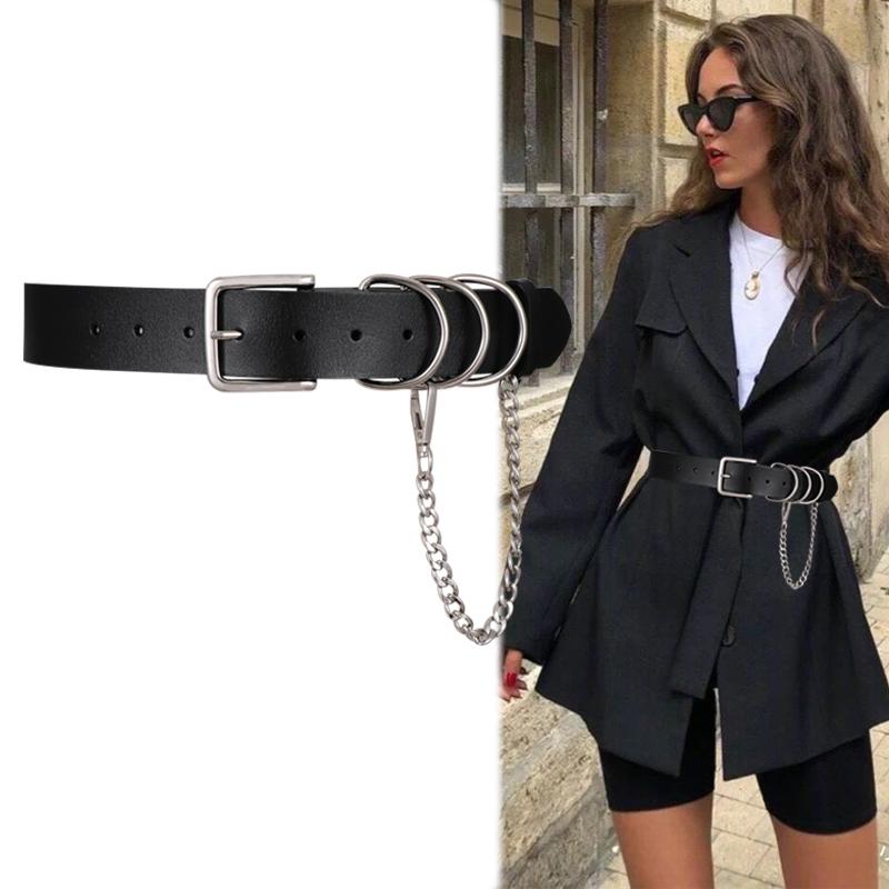 

Belts Punk Women With Chain Silver Buckle Wide PU Leather Waist Strap For Jeans Trousers Casual Black Ladies Female Waistband, Black;brown