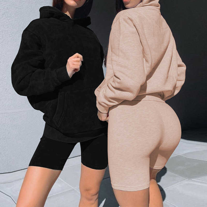 

Long Sleeve Suit Sets Women Sweatshirt Hoodie And Biker Shorts 2 Piece Set Fashion Solid Autumn Co Ord Sweat Suits 210709, Blcak