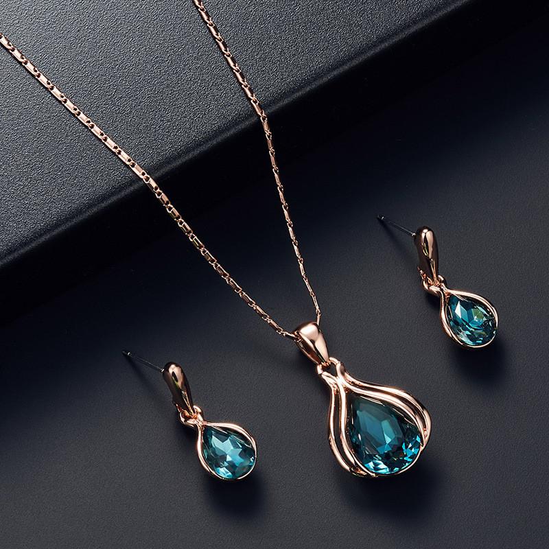 

Earrings & Necklace Vintage Female Blue Crystal Jewelry Set Charm Rose Gold Color Dangle For Women Simple Geometry Wedding Chain, As pic