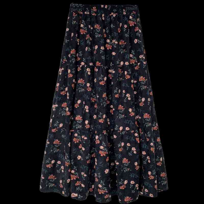 

vintage floral print a-line women skirts pleated long autumn corduroy streetwear drawstring elastic waist midi skir, Black