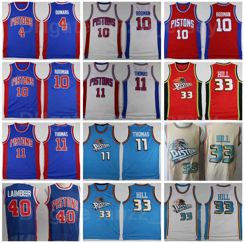 Retro Basketball Vintage Grant Hill Jersey 33 Isiah Thomas 11 Bill Laimbeer 40 Dennis Rodman 10 Joe Dumars 4 Blue White Red Beige