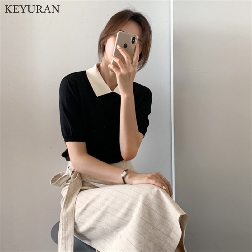 

Summer Korean Striped Knitted Tops T-shirts Women Short Sleeve Turn-down Collar Fashion Office Casual Female Tees T Shirts 211018