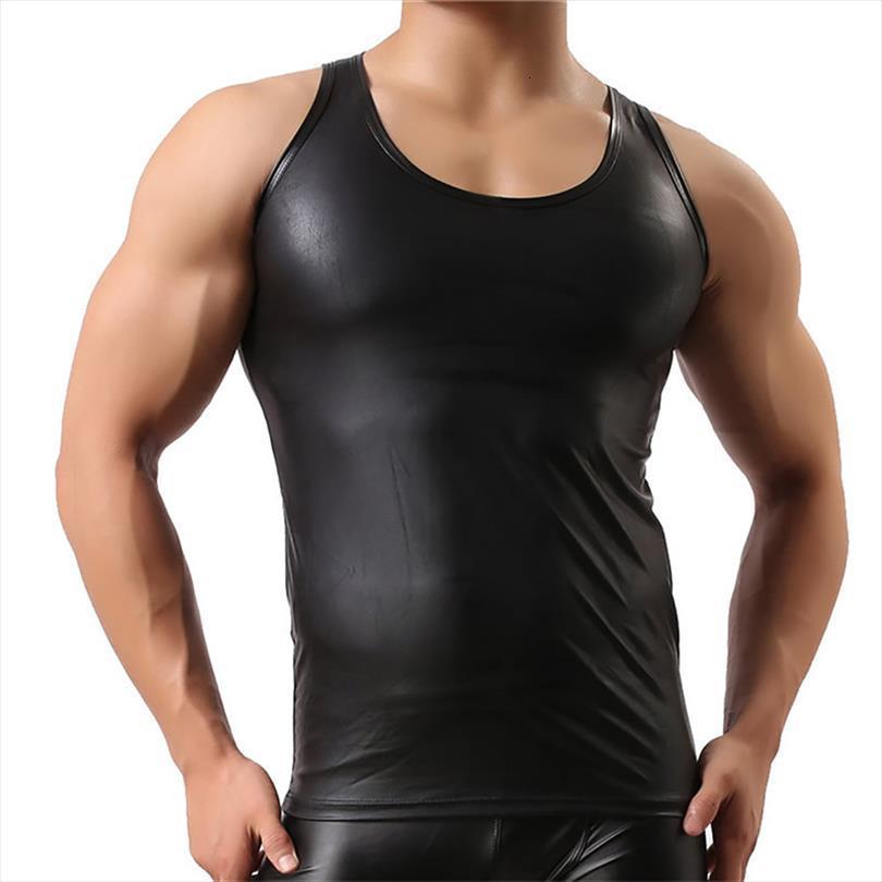 

mens tank pu leather men sleeveless summer fitness sports bodybuilding black undershirts casual latex clubwear plus size, White;black