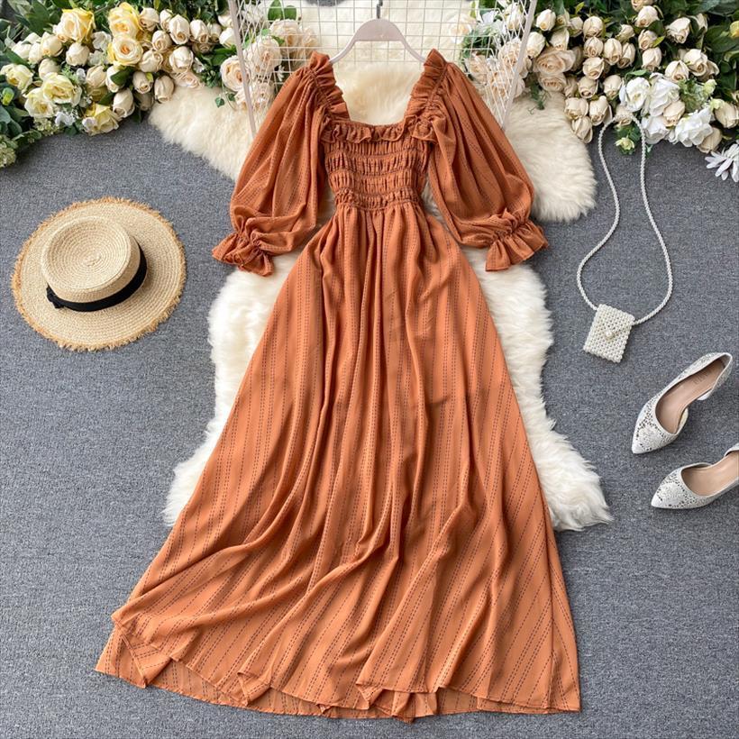 

summer square collar wooden ear women dresses bubble sleeve korean style waist slim chiffon female ll087, Black;gray