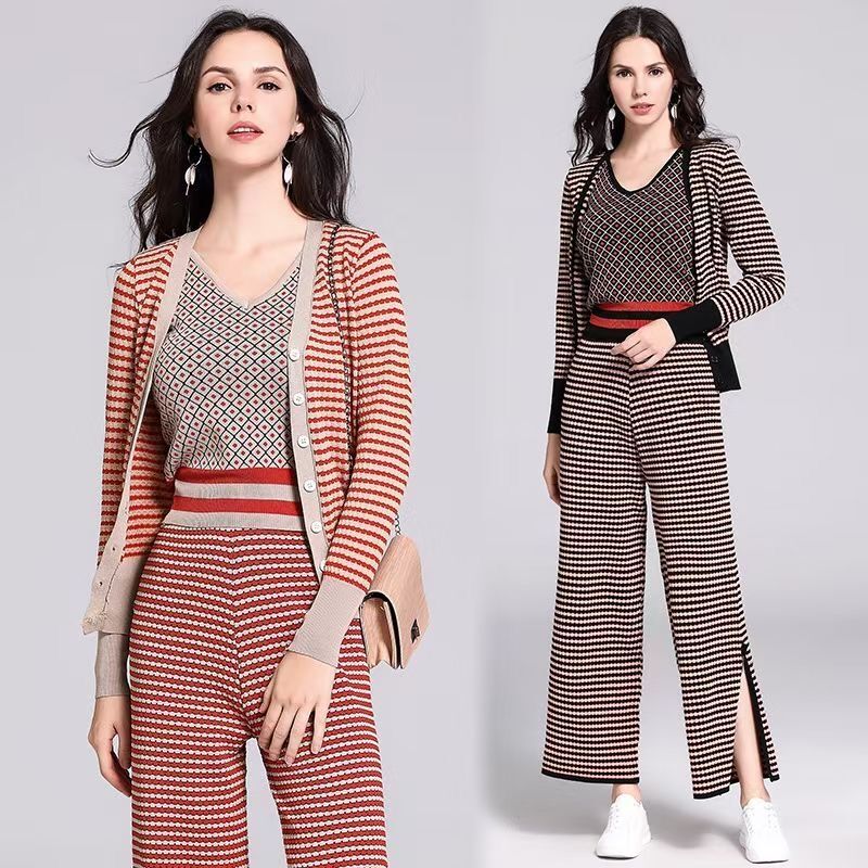 

Spring Autumn Sweater Suit Women's Fashion Knitted Vest + Long Sleeve Coat Wide leg Pants 3 Piece set Female 210525, Coral red