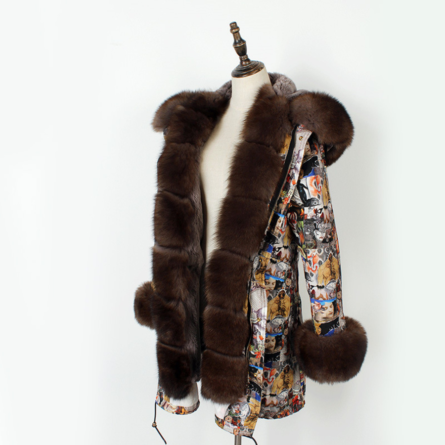 

Special Fur Coat Printed Parka Placket Rex Rabbit Liner Women's Middle Length 7PUS514, Picture color