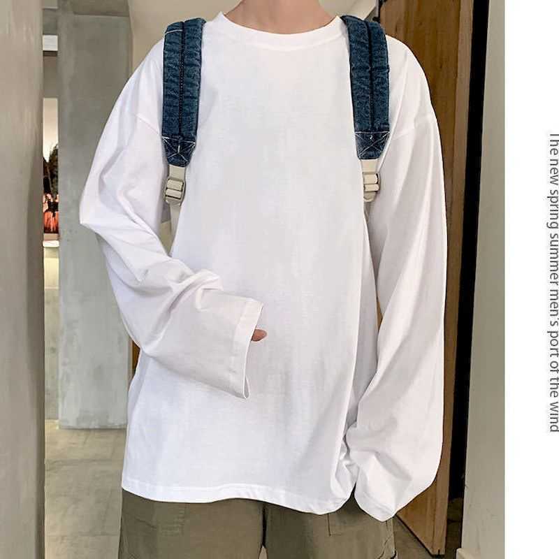 

Men Shirt Long-sleeved T-shirt Male Students Spring And Autumn Trend Wild Pure Color Korean Base Shirts 210526, White t00