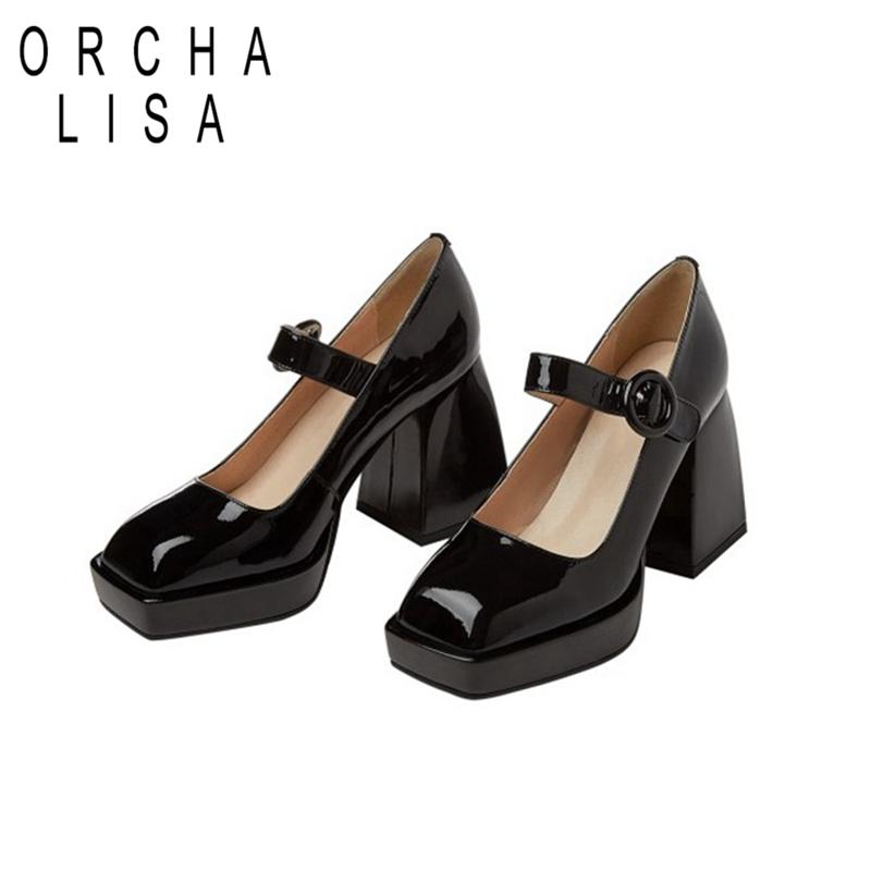 

Dress Shoes ORCHALISA 2021 Fashion Platform Genuine Leather Party Wedding Summer Ladies 9cm Block High Heels Women Pumps Buckle, Black