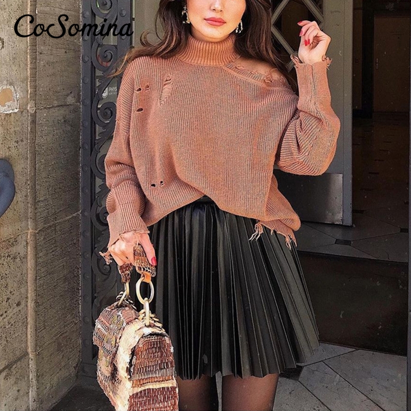 

2021cosomina high waist pleated women skirt a-line faux leather streetwear female short skirt spring autumn party club skirt, Black
