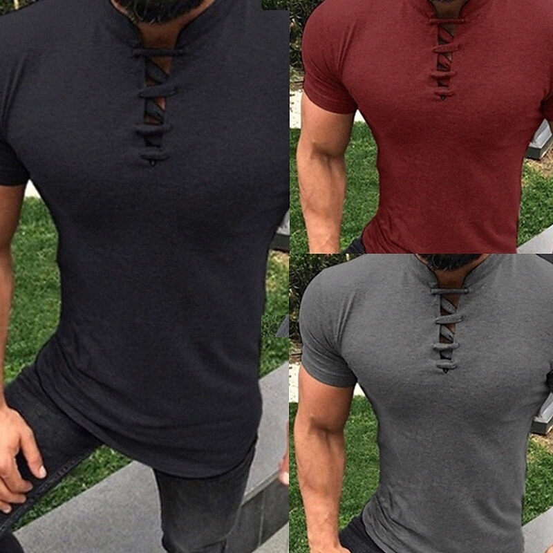 T-shirt Hommes Couleur solide Collier debout Casual Demand Dentelle à lacets à manches courtes Haut de la mouche légère et grande taille Vin de s