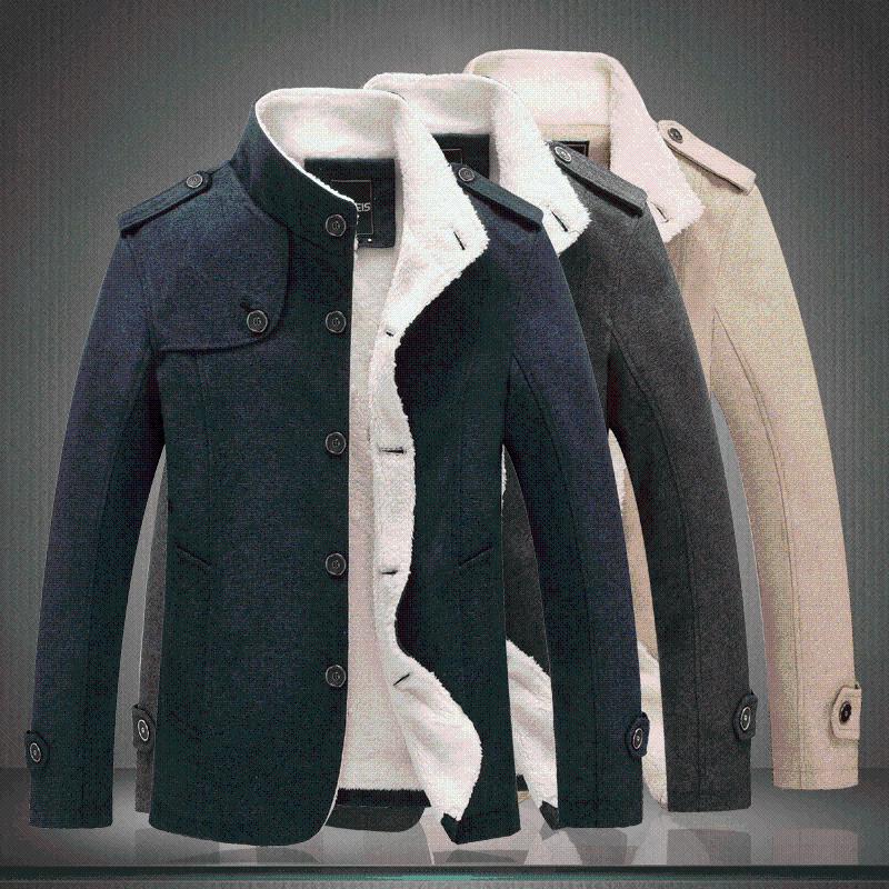 

Men's Wool & Blends Autumn Style Casual Collar Fleece Jacket For Men . Fashion Solid Color Plus Velvet Button Trend Male Coat Winter, Black
