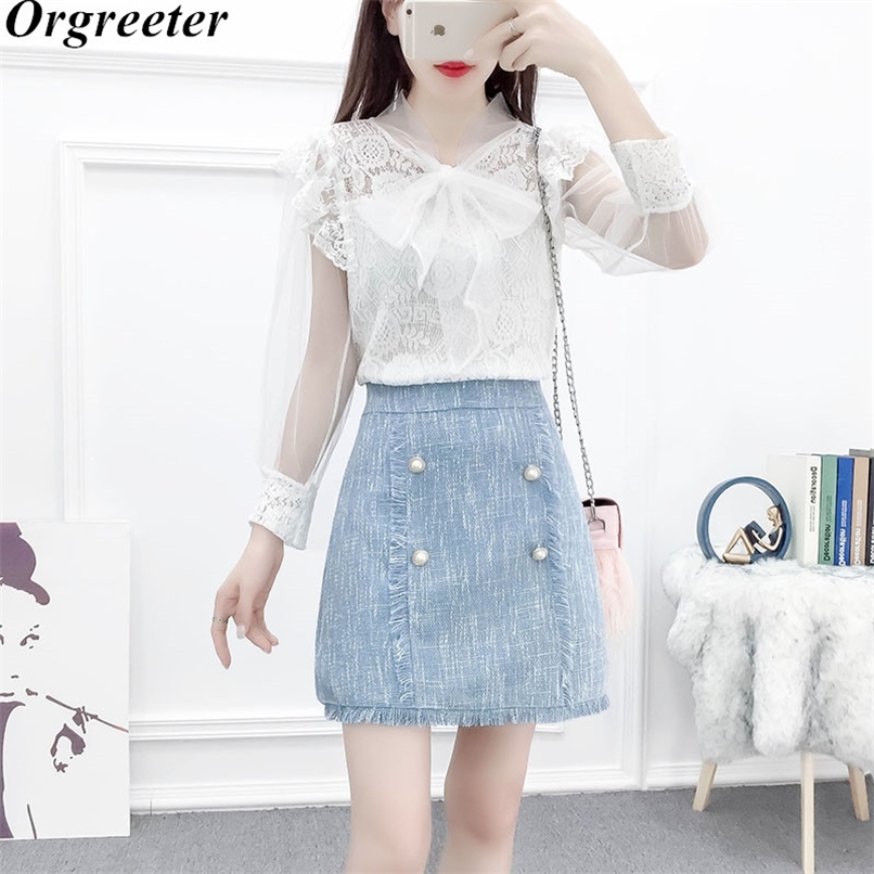 

Women' Sweet Lace Two piece set Autumn Bowknot Mesh Patchwork Shirt and Tweed Tassel Mini Skirt Suits 210602, Green