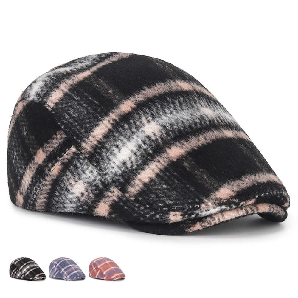 

Sun hat Winter tweed women's Plaid cap men's British progressive hat leisure fashion warm Beret, Blue;gray