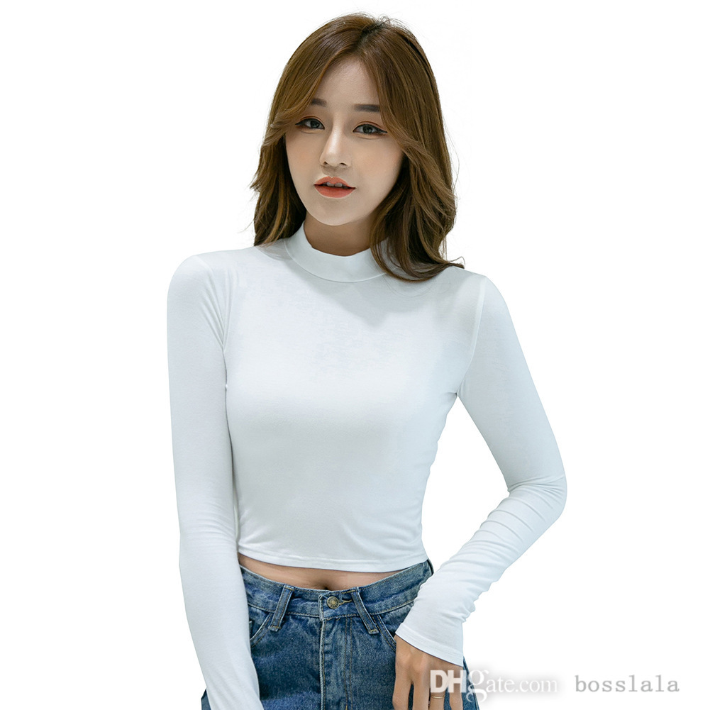 

Women Pullover T-shirt Half High Collar Bottomed Shirt Long Sleeve Foreign Style Versatile Shirts For Autumn And Winter, White (short style)