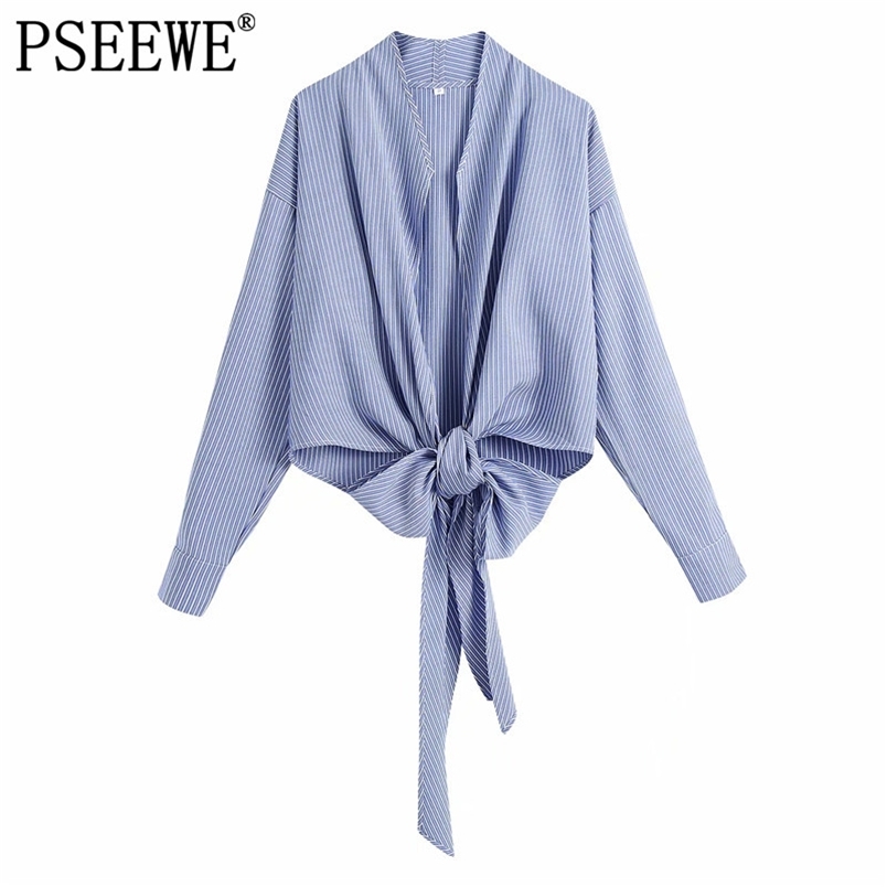 

Spring Blue Striped Cropped Women Shirts Fashion Wrap Long Sleeve Top Woman Hem Tied Street Style Ladies Blouse 210519