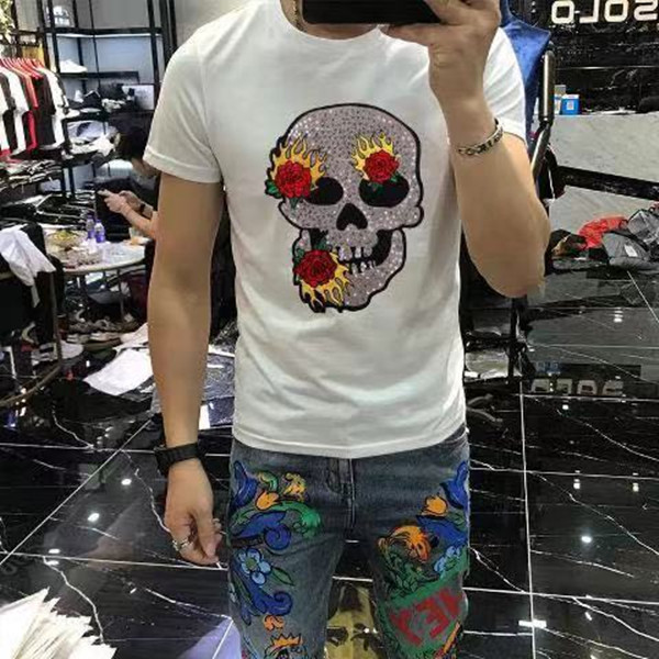 

2021 Mens T Shirts Fashion Short Sleeve Skull Embroidery Design Summer Tops Tees O Neck Slim Fit Man Tshirts, White;black