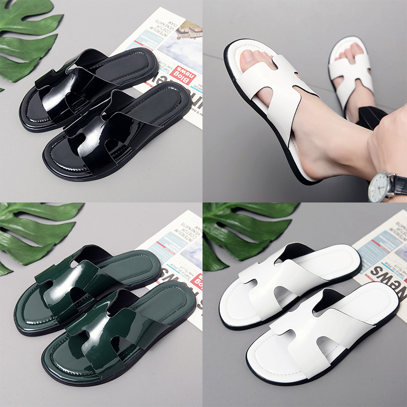 

Luxury Genuine Leather slipper Men Brand designer Slides Fashion Summer Beach Flat Sandals stripe Slippers Black white green outdoor indoor Flip Flops