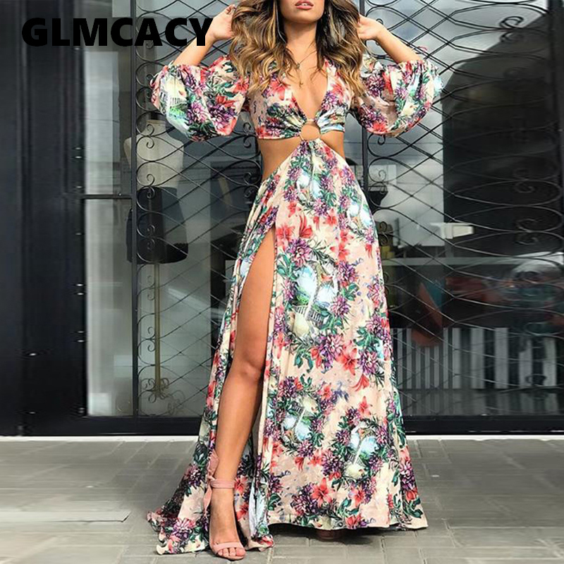 

Women Summer Fall Floral Print Cutout Thigh Slit Maxi Dress Holiday Vocation Boho Beach Long Dress Sexy Backless Party Vestidos, Multi