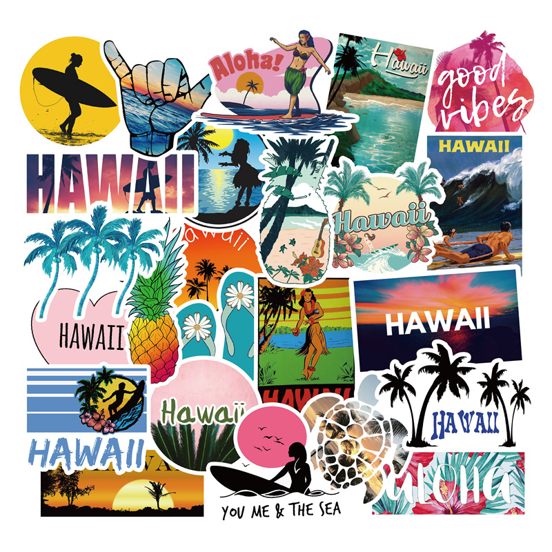 

50pcs Lot Waterproof Hawaii Travel Vacation Stickers Skateboard Trolley Car Refrigerator Graffiti Stickers PVC Removable