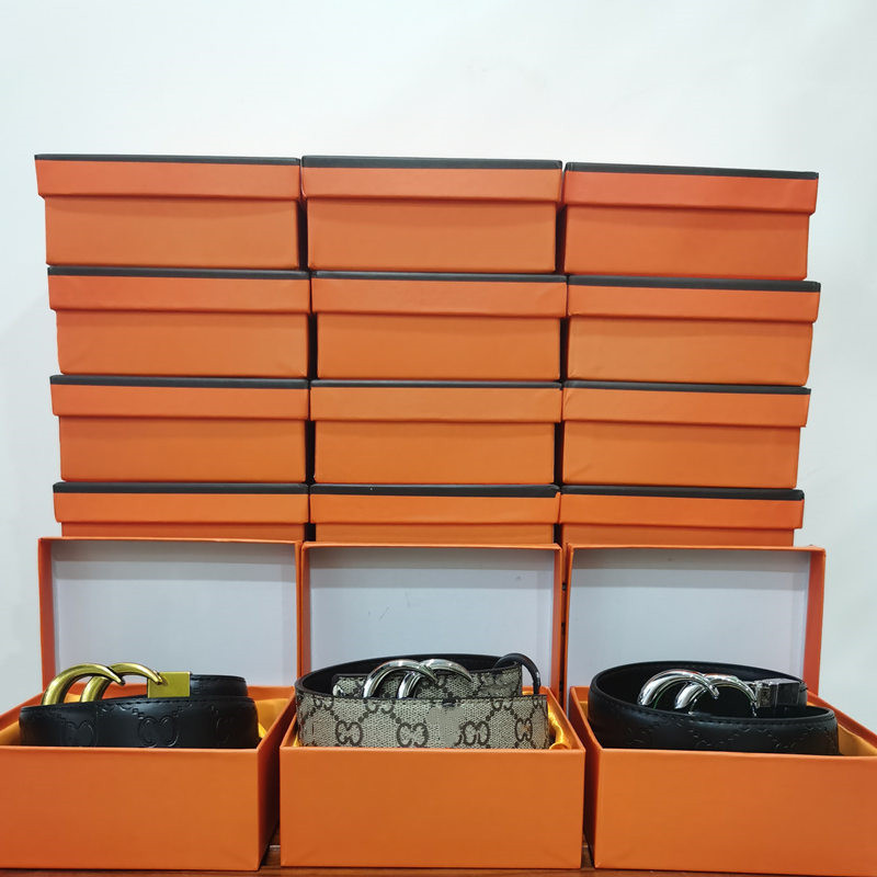 

Fashion Designer belts For Mens Women Classical genuine leather Luxury Big Gold Sliver Black Buckle with orange Box Size 105-125CM Width 3.8cm, Multi