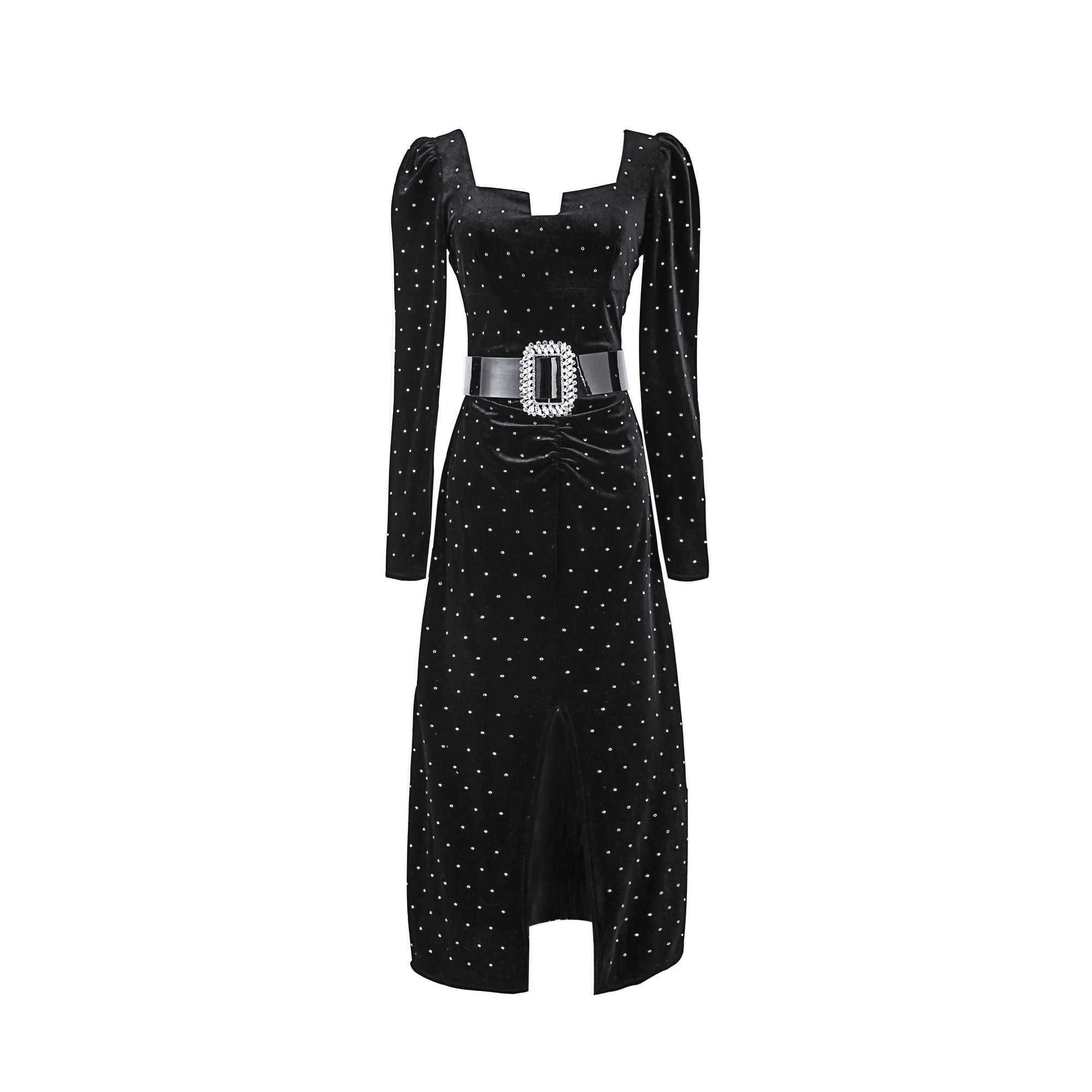 

Spring Velvet Square Collar Print Full Black Mid Calf Dresses Women 210615