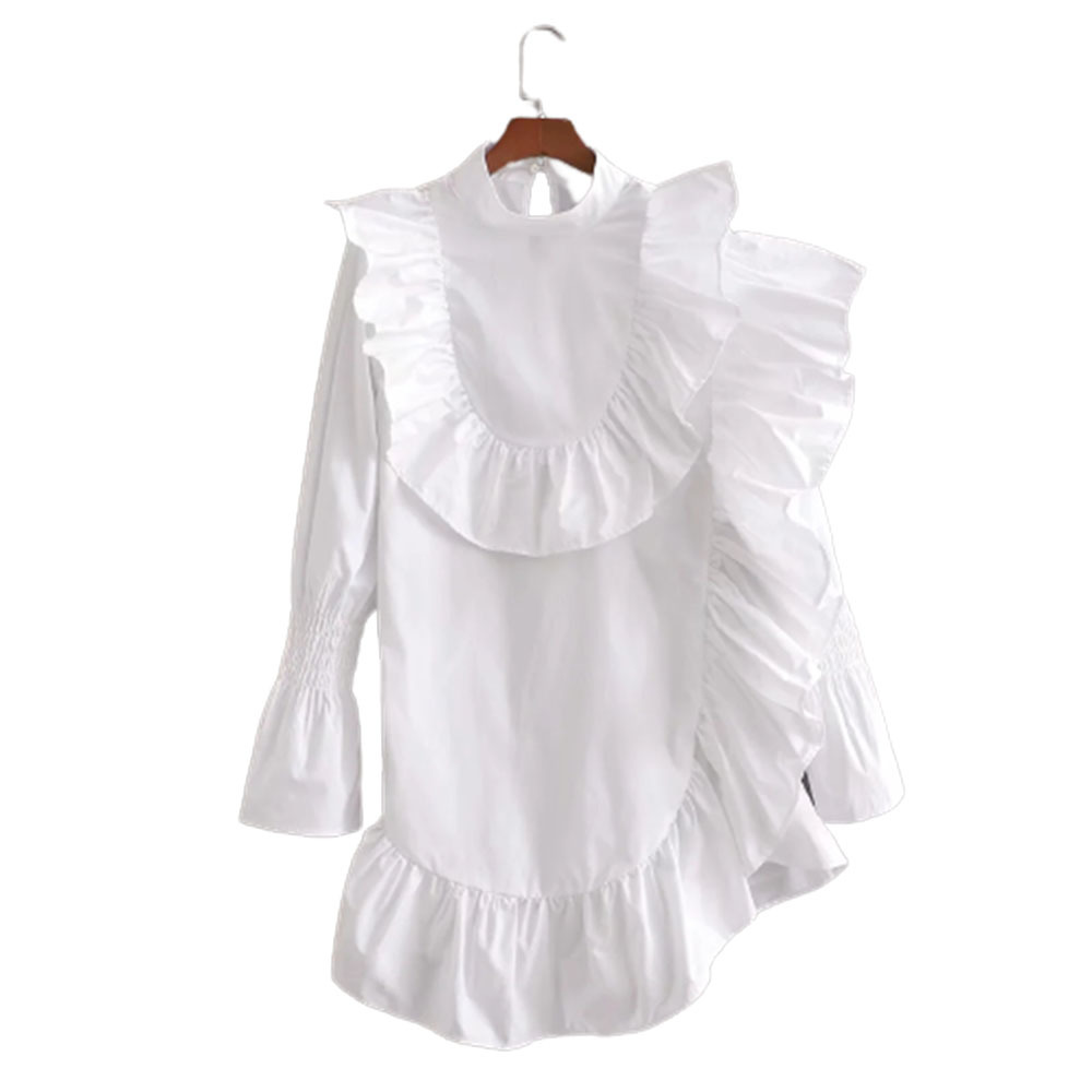 

Stylish Chic Asymmetry Ruffles Dress Women Fashion High Neck Dresses Elegant Ladies Long Sleeve Vestidos 210520, White