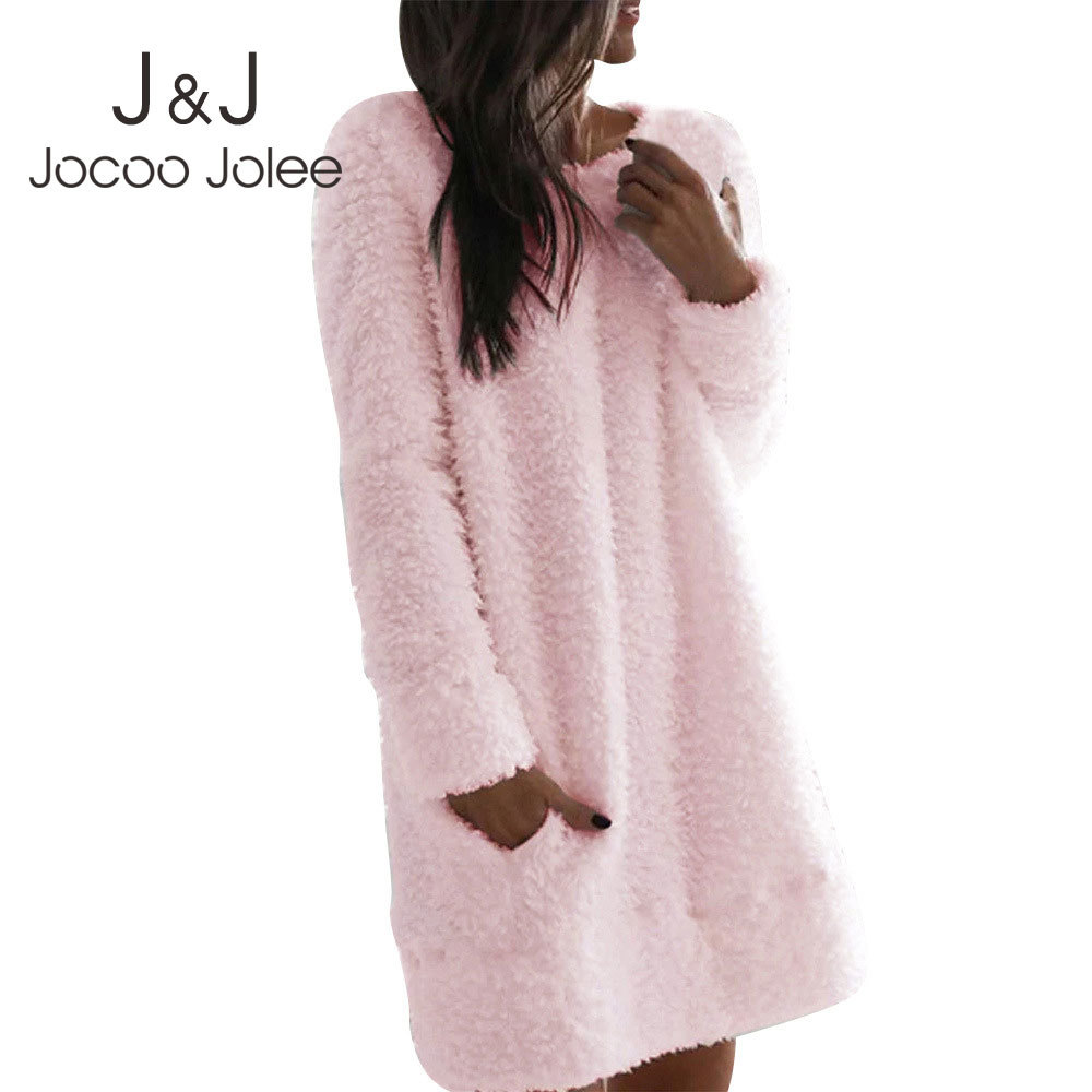 

Casual Women's Loose Fleece Dress O Neck Simple Straight Plush Mini Dress Female Long Sleeve Solid Color Dress Pullover 210518, As photo
