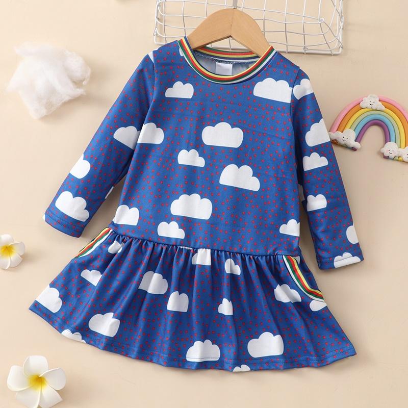 

Girl's Dresses Spring Fall Casual Dress Kids Clothes Clouds Rainbow Collar Long Sleeve Girls Cotton Comfortable 1-6Y, Red;yellow
