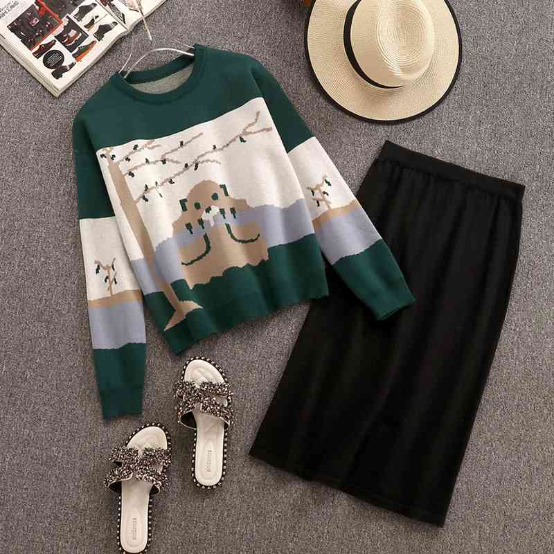 

Autumn Winter Women Long Sleeves O Neck Knitted Cartoon Tops Sweater + slit Skirt 2pcs Sets Female Casual Suits A1922 210428, Gray