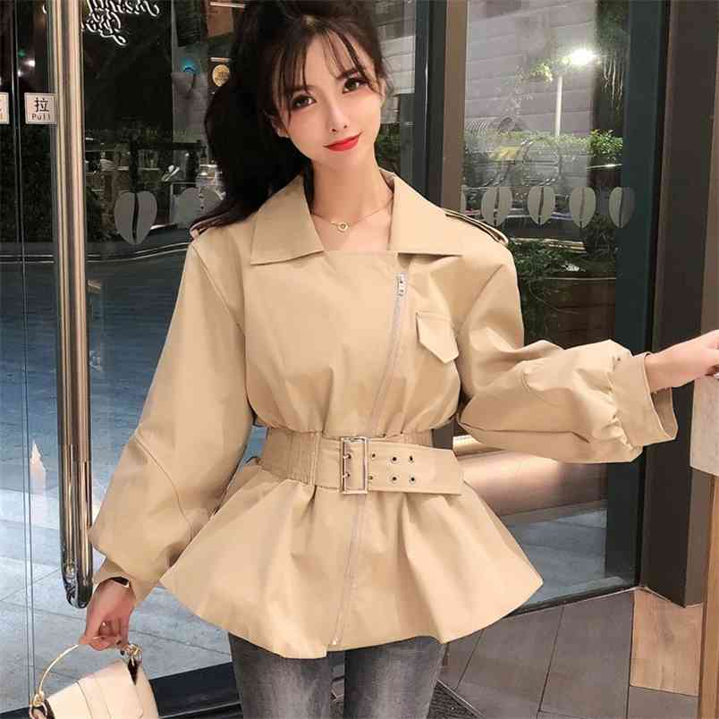 

Spring Korean Fashion Turn-Down Collar Slim Outwear Women Office OL Casual Jacket With Belt 210519, Photo color