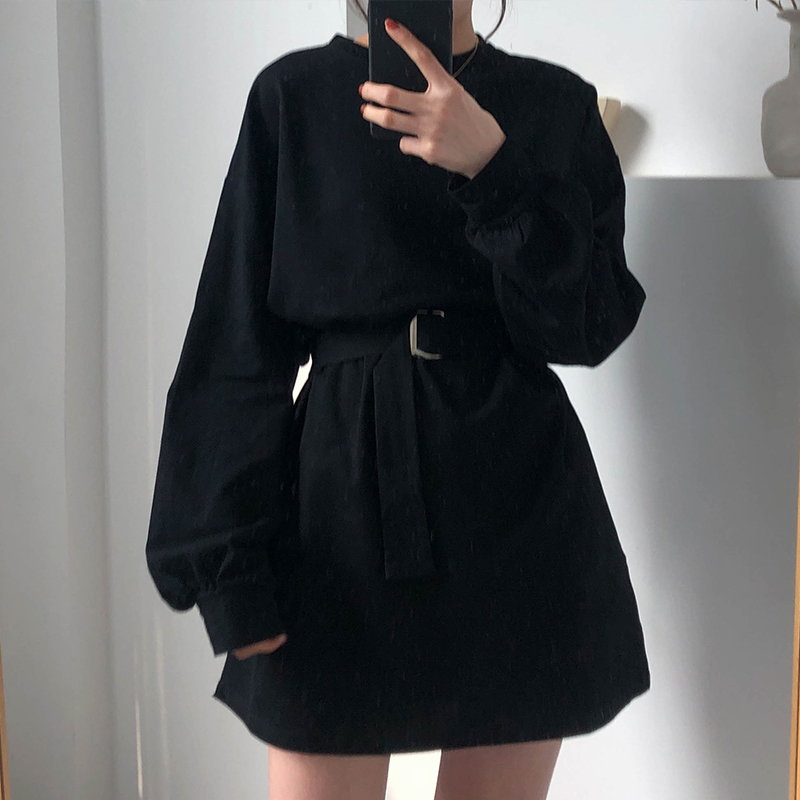 

7 colors 2021 spring and autumn solid color Long Sleeve dress Women Korean style Dress women with belt (X218), Black