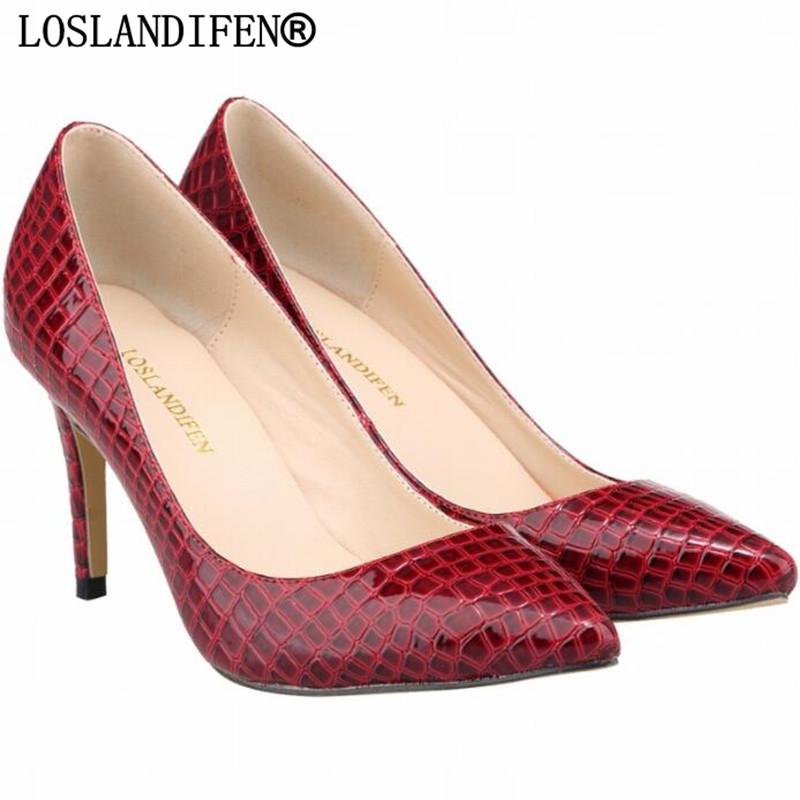 

Women Pumps Red Serpentine Leather High Heels PU Shoes Pointed Toe 8CM Thin Designer Luxury Dress, Black