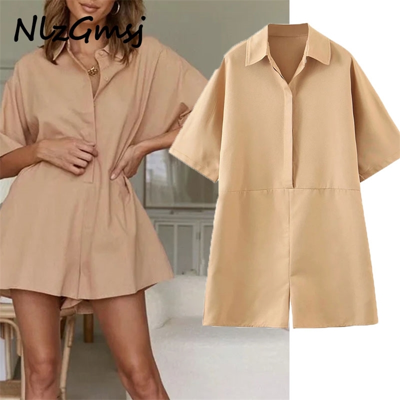 

Jumpsuit Women Fashion Loose Short Sleeve Solid Lapel Female Casual Jumpsuits Chic Plus Size Tops 03 210628, As picture
