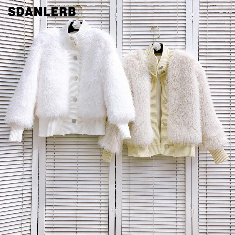 

Women's Jackets Winter Knitted Stitching Plush Coat Loose Lapel Single Breasted Faux Fur Solid Color All-matching Clothing Elegant Jacket, Black;brown