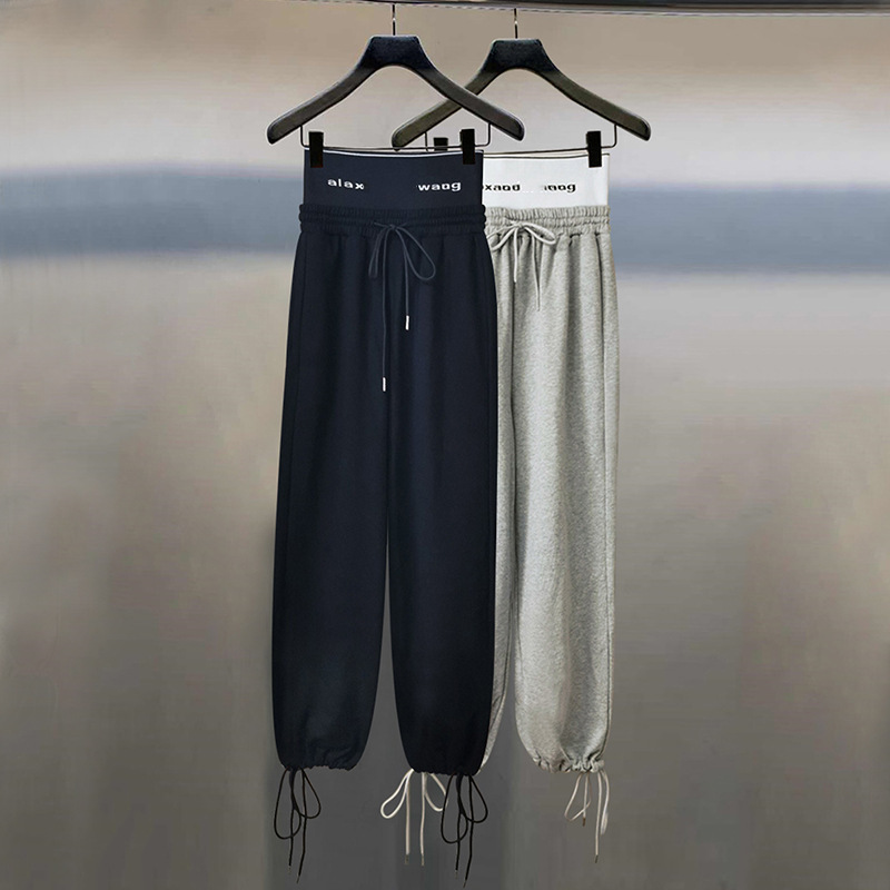 

Aw big Wang family knock fire letter ribbon elastic waist casual pants with drawstring stitching color contrast straight pants, Black;gray